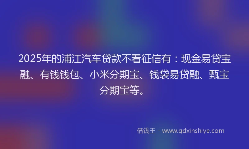 2025年的浦江汽车贷款不看征信有：现金易贷宝融、有钱钱包、小米分期宝、钱袋易贷融、甄宝分期宝等。