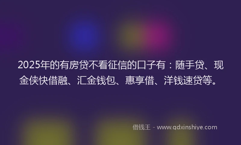 2025年的有房贷不看征信的口子有：随手贷、现金侠快借融、汇金钱包、惠享借、洋钱速贷等。