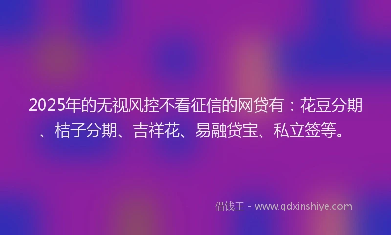 2025年的无视风控不看征信的网贷有：花豆分期、桔子分期、吉祥花、易融贷宝、私立签等。