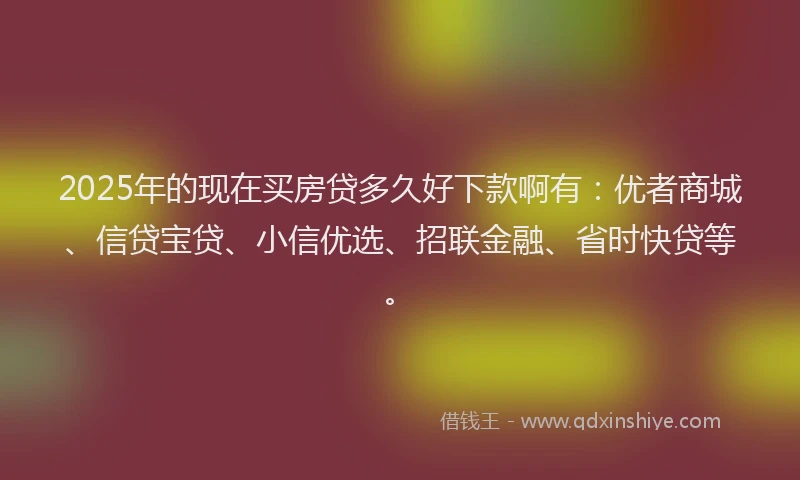 2025年的现在买房贷多久好下款啊有：优者商城、信贷宝贷、小信优选、招联金融、省时快贷等。