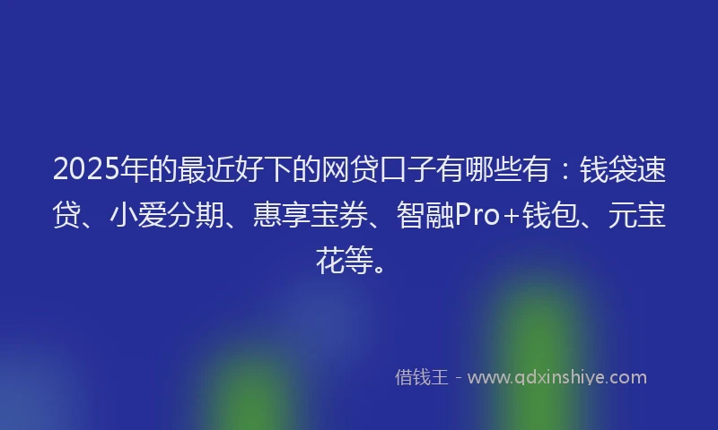 2025年的最近好下的网贷口子有哪些有：钱袋速贷、小爱分期、惠享宝券、智融Pro+钱包、元宝花等。