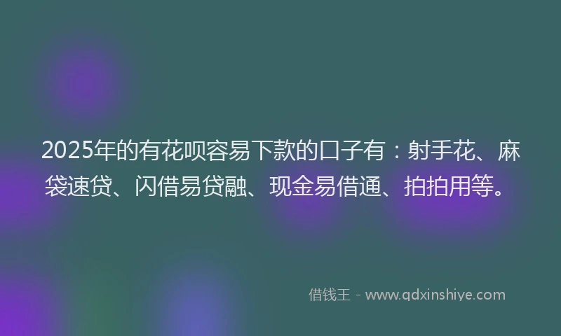 2025年的有花呗容易下款的口子有：射手花、麻袋速贷、闪借易贷融、现金易借通、拍拍用等。