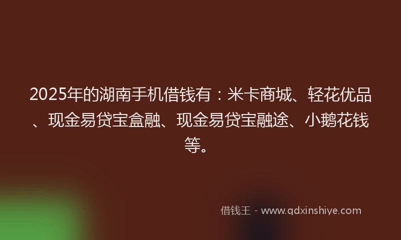 2025年的湖南手机借钱有：米卡商城、轻花优品、现金易贷宝盒融、现金易贷宝融途、小鹅花钱等。