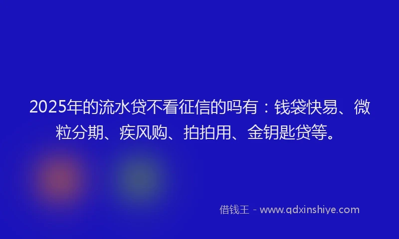 2025年的流水贷不看征信的吗有：钱袋快易、微粒分期、疾风购、拍拍用、金钥匙贷等。