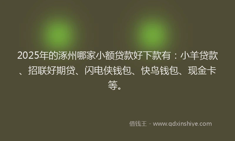2025年的涿州哪家小额贷款好下款有：小羊贷款、招联好期贷、闪电侠钱包、快鸟钱包、现金卡等。