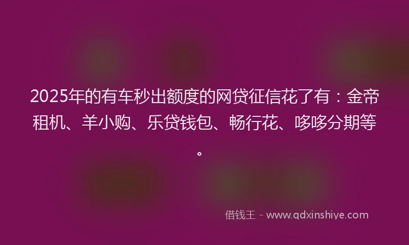 2025年的有车秒出额度的网贷征信花了有：金帝租机、羊小购、乐贷钱包、畅行花、哆哆分期等。