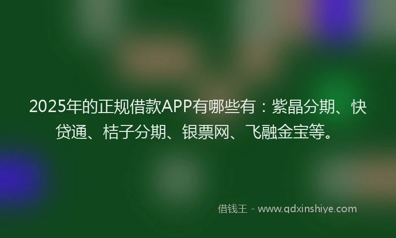 2025年的正规借款APP有哪些有：紫晶分期、快贷通、桔子分期、银票网、飞融金宝等。