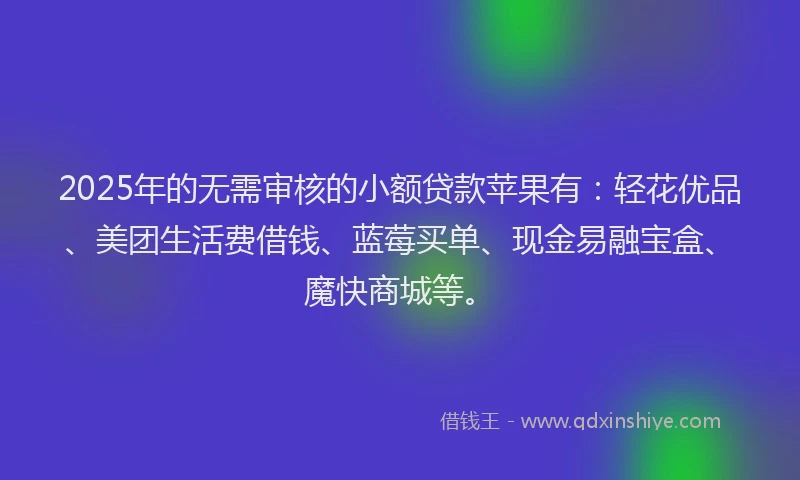 2025年的无需审核的小额贷款苹果有：轻花优品、美团生活费借钱、蓝莓买单、现金易融宝盒、魔快商城等。