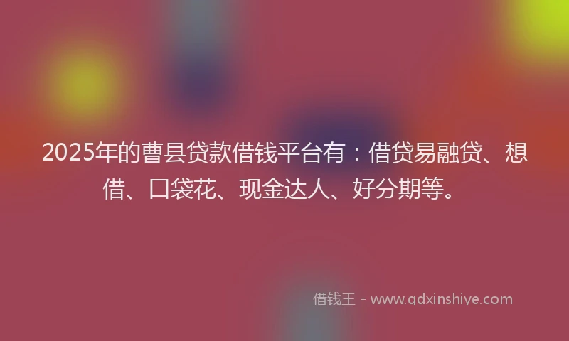 2025年的曹县贷款借钱平台有：借贷易融贷、想借、口袋花、现金达人、好分期等。