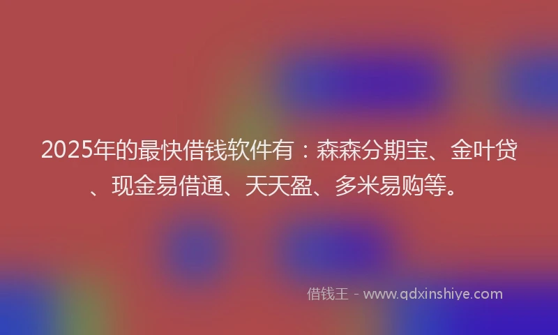 2025年的最快借钱软件有：森森分期宝、金叶贷、现金易借通、天天盈、多米易购等。