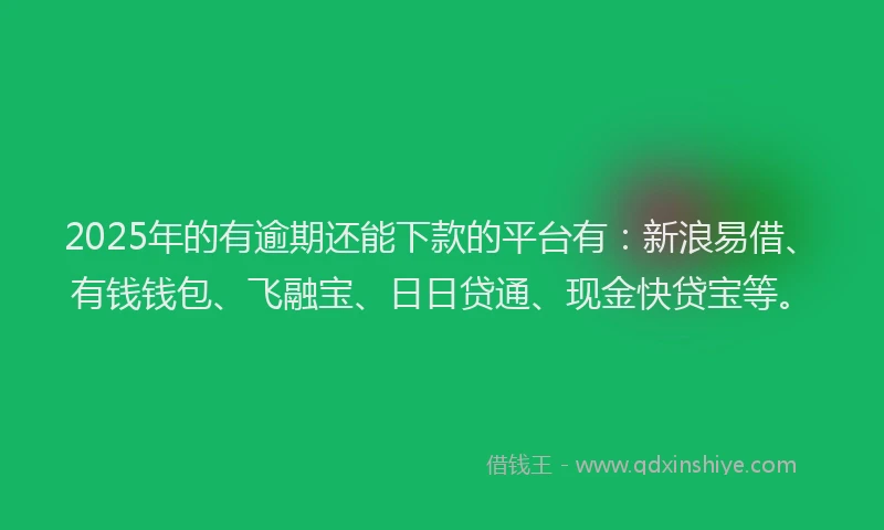 2025年的有逾期还能下款的平台有：新浪易借、有钱钱包、飞融宝、日日贷通、现金快贷宝等。