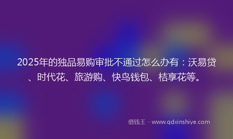 2025年的独品易购审批不通过怎么办有：沃易贷、时代花、旅游购、快鸟钱包、桔享花等。