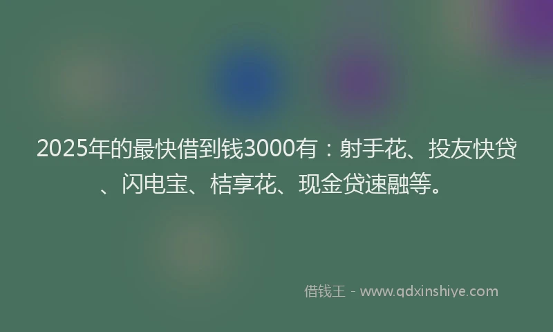 2025年的最快借到钱3000有：射手花、投友快贷、闪电宝、桔享花、现金贷速融等。