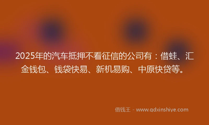2025年的汽车抵押不看征信的公司有：借蛙、汇金钱包、钱袋快易、新机易购、中原快贷等。