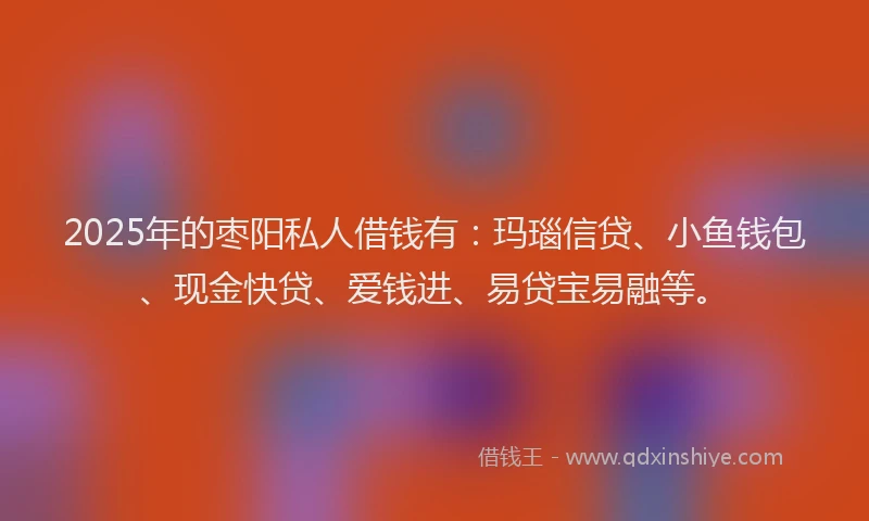 2025年的枣阳私人借钱有：玛瑙信贷、小鱼钱包、现金快贷、爱钱进、易贷宝易融等。