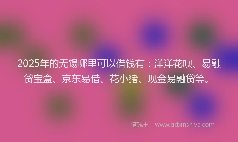 2025年的无锡哪里可以借钱有：洋洋花呗、易融贷宝盒、京东易借、花小猪、现金易融贷等。