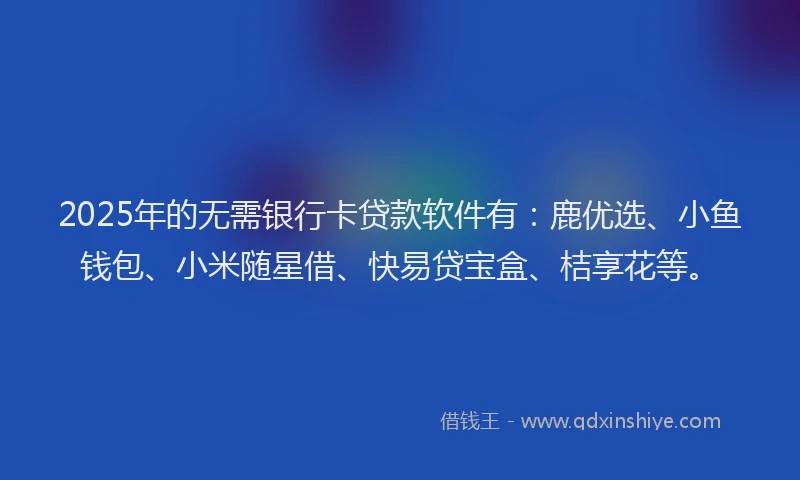 2025年的无需银行卡贷款软件有：鹿优选、小鱼钱包、小米随星借、快易贷宝盒、桔享花等。