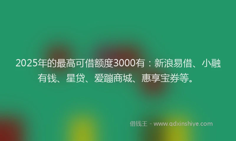 2025年的最高可借额度3000有：新浪易借、小融有钱、星贷、爱蹦商城、惠享宝券等。