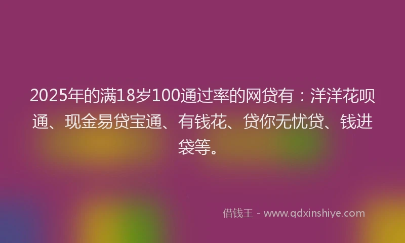 2025年的满18岁100通过率的网贷有：洋洋花呗通、现金易贷宝通、有钱花、贷你无忧贷、钱进袋等。
