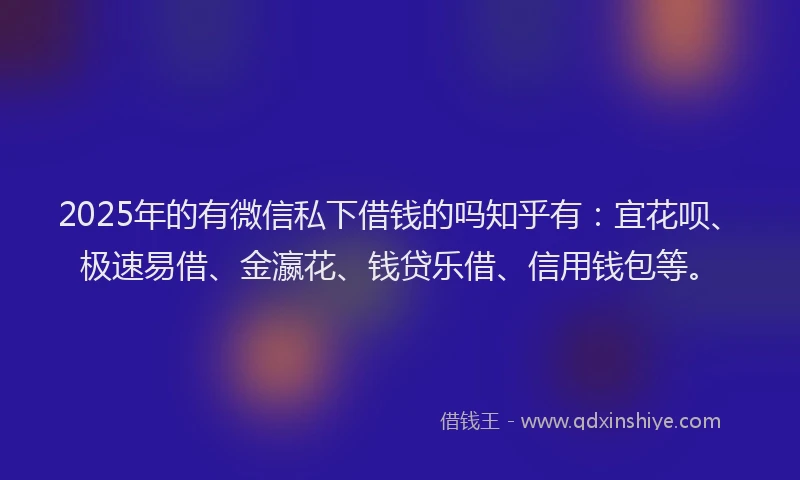 2025年的有微信私下借钱的吗知乎有：宜花呗、极速易借、金瀛花、钱贷乐借、信用钱包等。