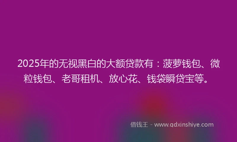 2025年的无视黑白的大额贷款有：菠萝钱包、微粒钱包、老哥租机、放心花、钱袋瞬贷宝等。