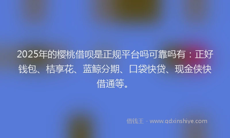 2025年的樱桃借呗是正规平台吗可靠吗有：正好钱包、桔享花、蓝鲸分期、口袋快贷、现金侠快借通等。