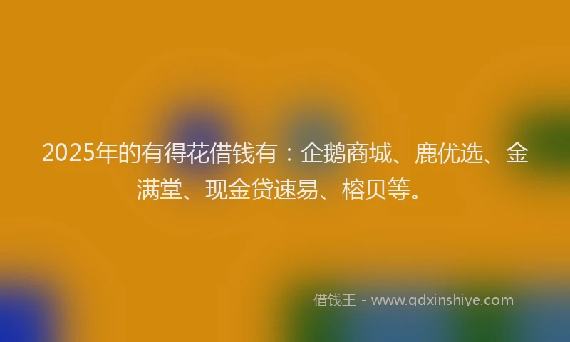 2025年的有得花借钱有：企鹅商城、鹿优选、金满堂、现金贷速易、榕贝等。