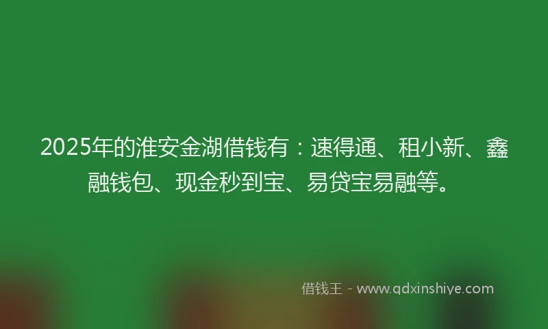 2025年的淮安金湖借钱有：速得通、租小新、鑫融钱包、现金秒到宝、易贷宝易融等。