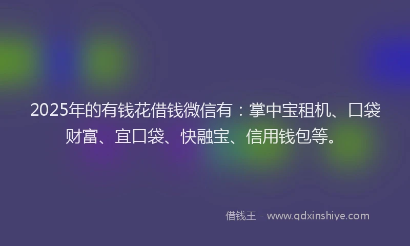 2025年的有钱花借钱微信有：掌中宝租机、口袋财富、宜口袋、快融宝、信用钱包等。