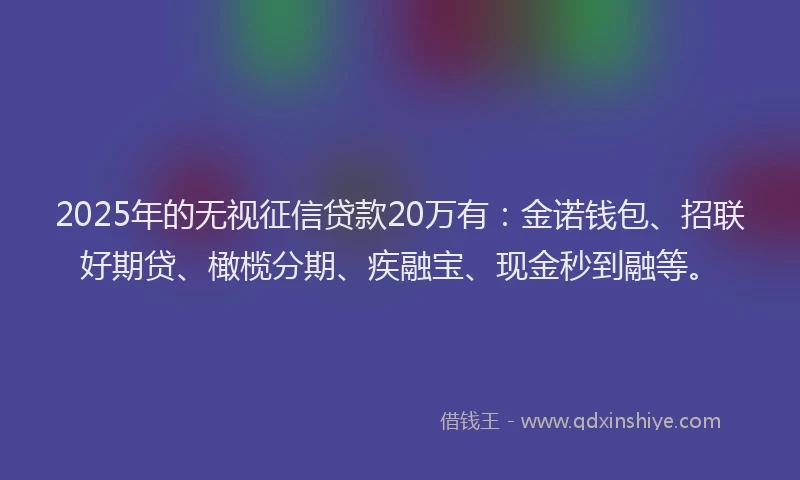 2025年的无视征信贷款20万有：金诺钱包、招联好期贷、橄榄分期、疾融宝、现金秒到融等。