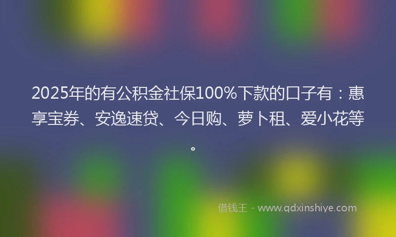 2025年的有公积金社保100%下款的口子有：惠享宝券、安逸速贷、今日购、萝卜租、爱小花等。