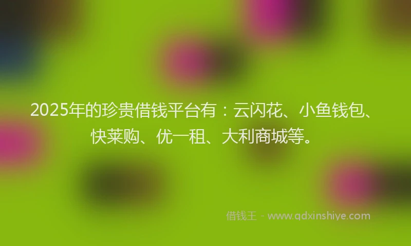 2025年的珍贵借钱平台有：云闪花、小鱼钱包、快莱购、优一租、大利商城等。