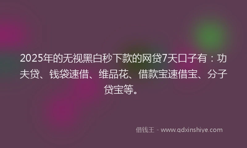 2025年的无视黑白秒下款的网贷7天口子有：功夫贷、钱袋速借、维品花、借款宝速借宝、分子贷宝等。