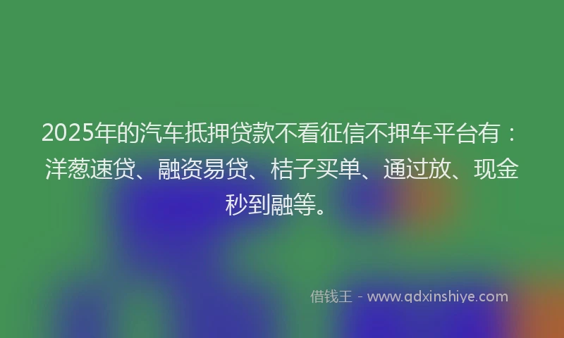 2025年的汽车抵押贷款不看征信不押车平台有：洋葱速贷、融资易贷、桔子买单、通过放、现金秒到融等。