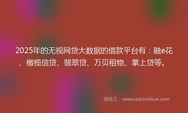 2025年的无视网贷大数据的借款平台有：融e花、橄榄信贷、翡翠贷、万贝租物、掌上贷等。
