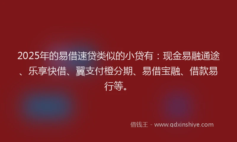 2025年的易借速贷类似的小贷有：现金易融通途、乐享快借、翼支付橙分期、易借宝融、借款易行等。