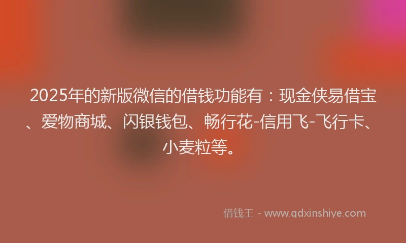 2025年的新版微信的借钱功能有：现金侠易借宝、爱物商城、闪银钱包、畅行花-信用飞-飞行卡、小麦粒等。