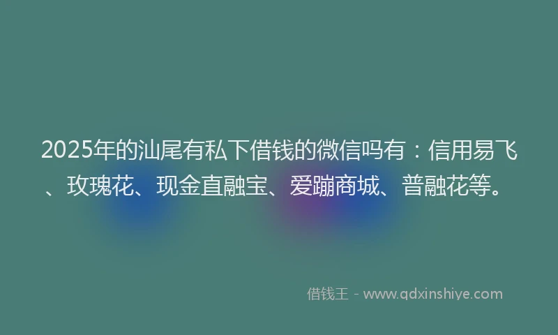2025年的汕尾有私下借钱的微信吗有：信用易飞、玫瑰花、现金直融宝、爱蹦商城、普融花等。