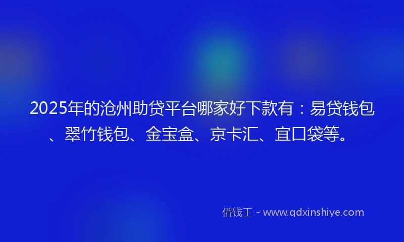 2025年的沧州助贷平台哪家好下款有：易贷钱包、翠竹钱包、金宝盒、京卡汇、宜口袋等。