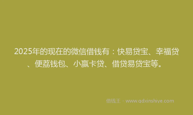 2025年的现在的微信借钱有：快易贷宝、幸福贷、便荔钱包、小赢卡贷、借贷易贷宝等。