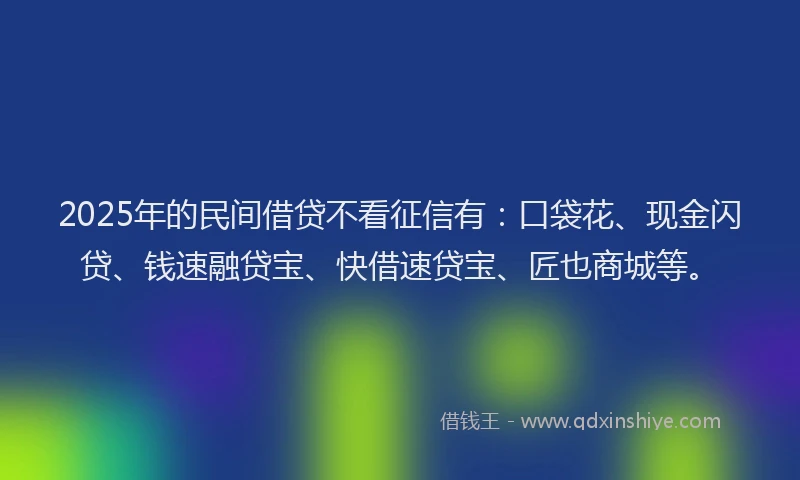 2025年的民间借贷不看征信有：口袋花、现金闪贷、钱速融贷宝、快借速贷宝、匠也商城等。