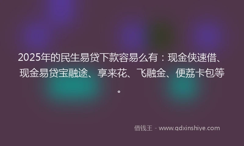 2025年的民生易贷下款容易么有：现金侠速借、现金易贷宝融途、享来花、飞融金、便荔卡包等。