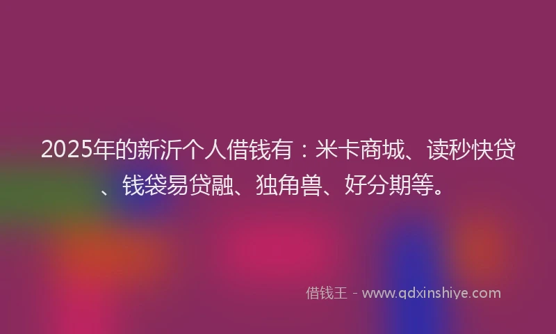 2025年的新沂个人借钱有：米卡商城、读秒快贷、钱袋易贷融、独角兽、好分期等。