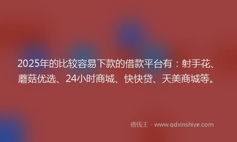 2025年的比较容易下款的借款平台有：射手花、蘑菇优选、24小时商城、快快贷、天美商城等。
