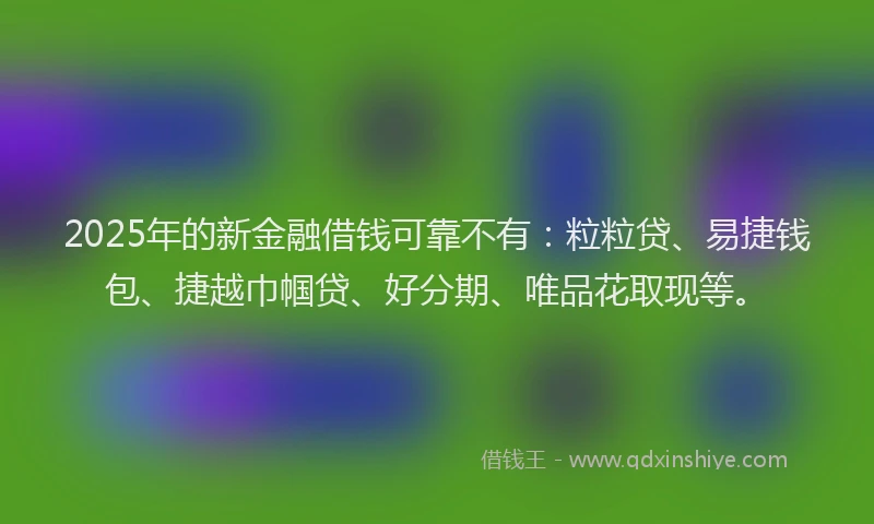 2025年的新金融借钱可靠不有：粒粒贷、易捷钱包、捷越巾帼贷、好分期、唯品花取现等。