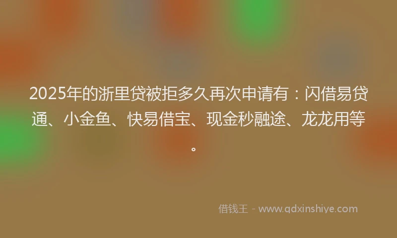 2025年的浙里贷被拒多久再次申请有：闪借易贷通、小金鱼、快易借宝、现金秒融途、龙龙用等。