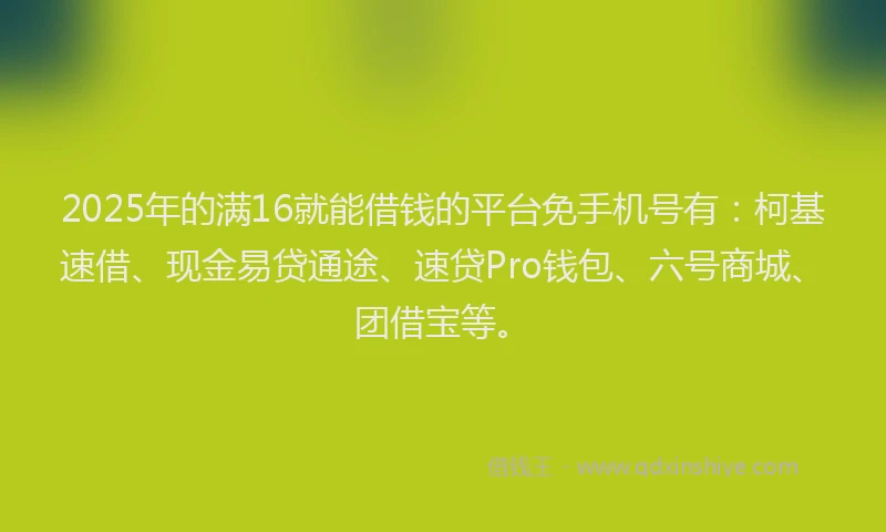 2025年的满16就能借钱的平台免手机号有：柯基速借、现金易贷通途、速贷Pro钱包、六号商城、团借宝等。