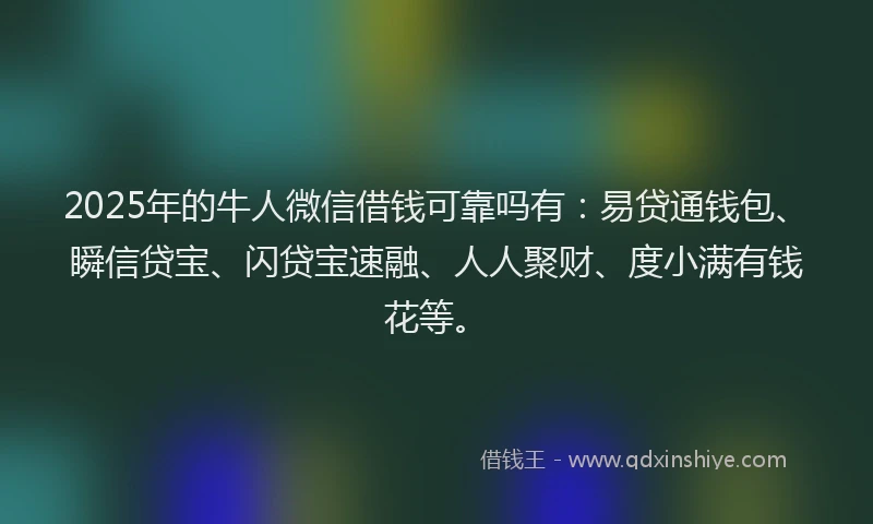 2025年的牛人微信借钱可靠吗有：易贷通钱包、瞬信贷宝、闪贷宝速融、人人聚财、度小满有钱花等。