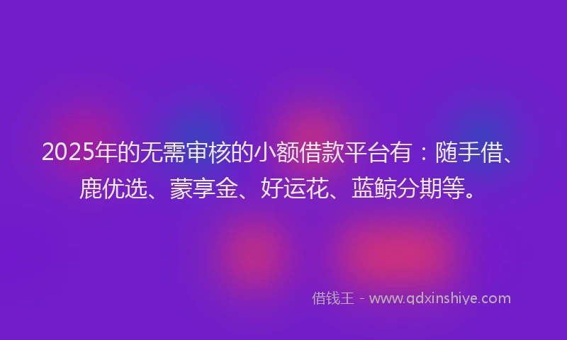 2025年的无需审核的小额借款平台有：随手借、鹿优选、蒙享金、好运花、蓝鲸分期等。