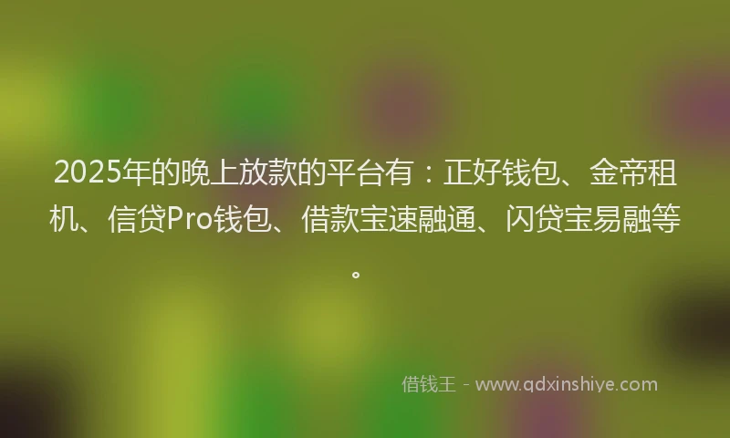 2025年的晚上放款的平台有：正好钱包、金帝租机、信贷Pro钱包、借款宝速融通、闪贷宝易融等。